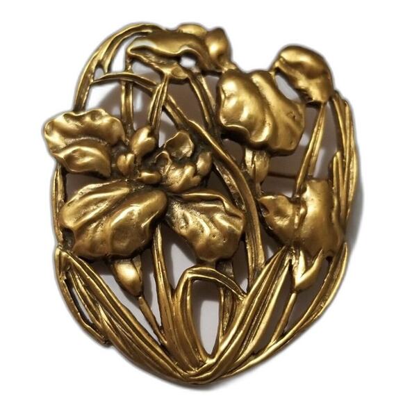1980s Vintage Art Nouveau Irises Historical New Orleans Collection Gold Brooch - Picture 1 of 4